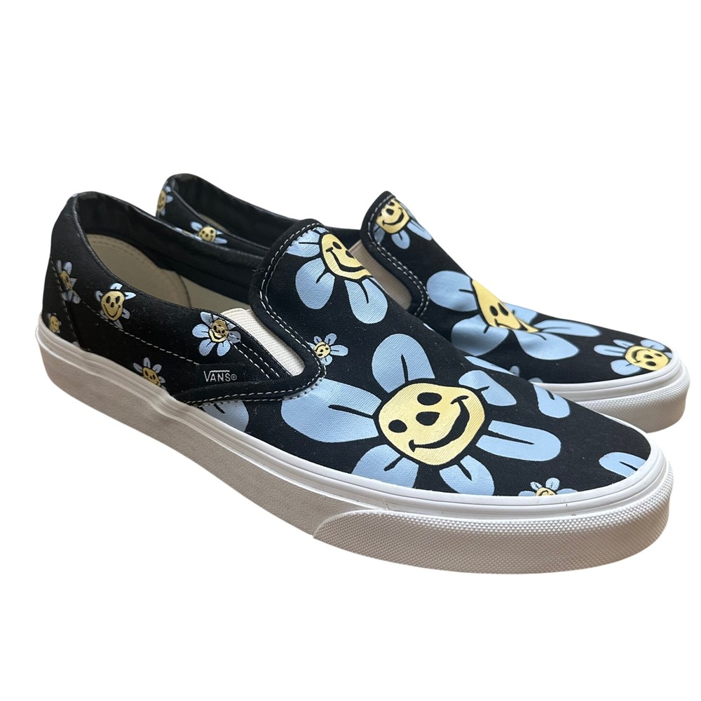 Vans Classic Slip-On Smiley Face Daisy Floral Black Blue Mens Size 11